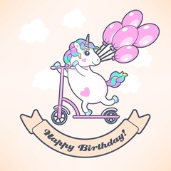Greeting card with cute unicorn and balloons