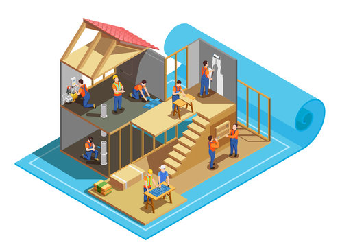 Construction Workers Isometric Composition