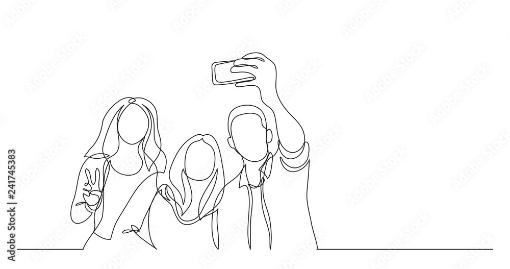 Wall mural group of happy young friends making selfie - one line drawing