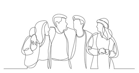 four close friends walking together - one line drawing