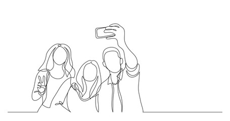 group of happy young friends making selfie - one line drawing