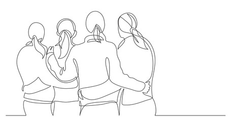 four female friends standing together watching sunset - one line drawing