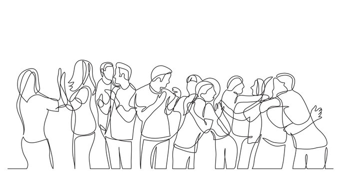 large team of friends cheering and celebrating success - one line drawing