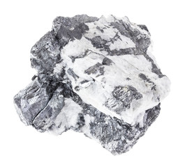 raw Bismuthinite crystals in quartz stone on white