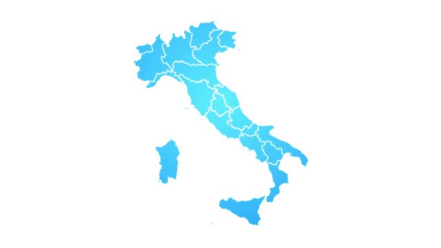 Italy Map Showing Up Intro With New Regions/ 4k animated italy map intro background with new administrative regions appearing and fading one by one and camera movement