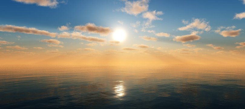 morning at sea, panorama of sea sunset, clouds over the water, light over the ocean,
