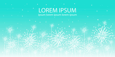 Abstract art vector illustration. Text lorem ipsum. Hand drawn white flowers on gradient blue background. Template for design, greeting card, sale flyer, festive banner.