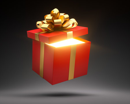 Offene leuchtende Geschenkbox rot gold 