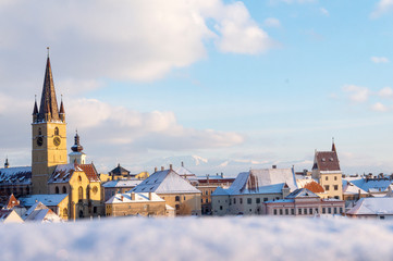 Panoramic view of Sibiu historic center in Transylvania, Romania with The Lutheran Cathedral of Saint Mary. City also known as Hermannstadt