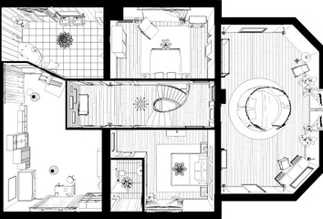 interior contour visualization, 3D illustration, sketch, outline