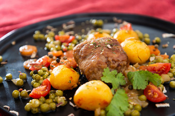 Beef meat stewed with potatoes-Traditional French cuisine Beef Bourguignon potatoes carrots in persillade