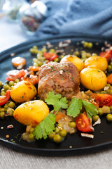 Beef meat stewed with potatoes-Traditional French cuisine Beef Bourguignon potatoes carrots in persillade