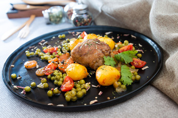Beef meat stewed with potatoes-Traditional French cuisine Beef Bourguignon potatoes carrots in persillade