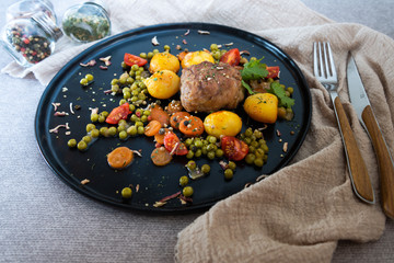 Beef meat stewed with potatoes-Traditional French cuisine Beef Bourguignon potatoes carrots in persillade