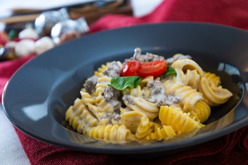 Radiatori pasta Bolognese on the table