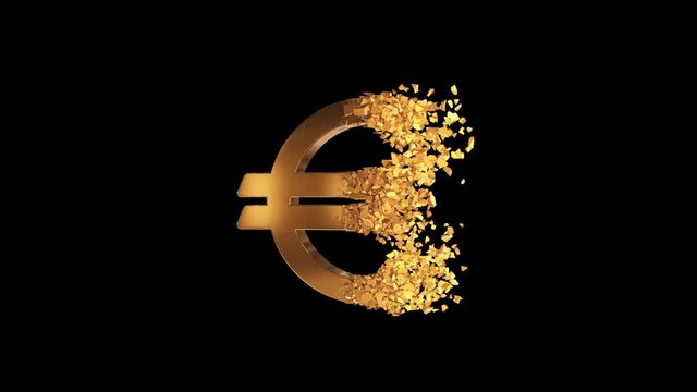 Fractured Euro value 3d model with disappearing effect. Financial crisis concept. Available in FullHD and HD video.
