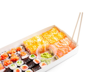 Sushi delivery to go set japanese chinese food isolated white background