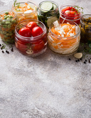 Fermented food. Preserved vegetables in jars