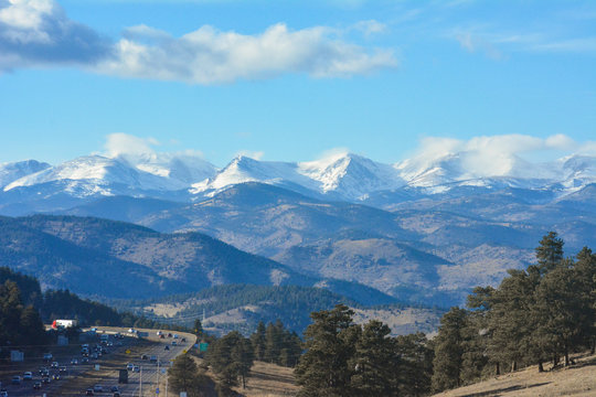 View of the Rocky Mountains surrounding Denver, Colorado.