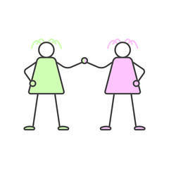 Two women hold hands. Cartoon illustration of female friendship. Vector on white background.