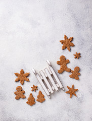 Winter Christmas composition with gingerbread cookies