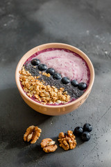 homemade fresh breakfast smoothie bowl.side view shot. healthfulness of drink