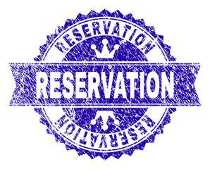 RESERVATION rosette seal watermark with grunge style. Designed with round rosette, ribbon and small crowns. Blue vector rubber print of RESERVATION label with grunge style.