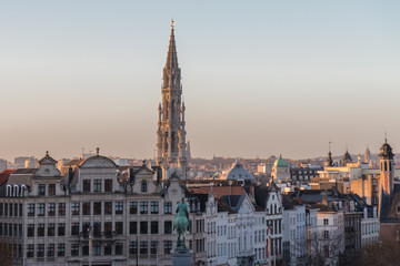 Cityscape of Brussels, capital of Belgium, and City hall tower in beautiful early evening