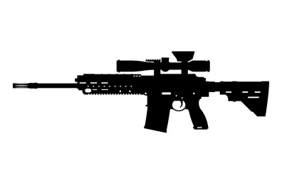 Black silhouette of machine gun with grenade launcher on white background. Automatic weapon of USA army. Military american ammunition. Isolated image of gun - obrazy, fototapety, plakaty