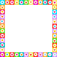 Cute vibrant square love frame made of doodle hearts on white background.