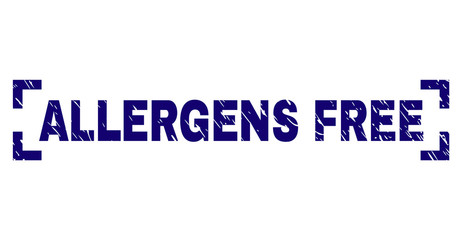 ALLERGENS FREE text seal stamp with corroded texture. Text caption is placed inside corners. Blue vector rubber print of ALLERGENS FREE with dust texture.
