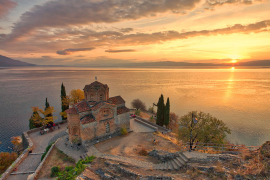 Historic Church of Saint John the Theologian, situated on the cliff over Kaneo Beach overlooking Lake Ohrid in the city of Ohrid, Republic of Macedonia