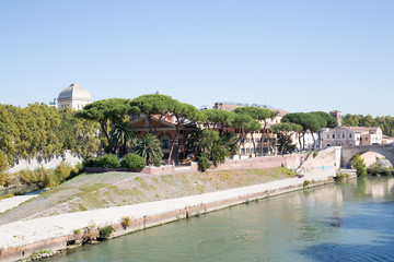 Fototapeta na wymiar View of Tiberina Island on the Tiber River in Rome Italy.