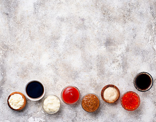 Ketchup, mayonnaise, mustard, horseradish, soy sauce and tartar