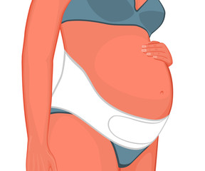 Vector illustration. Close-up realistic pregnant woman standing at a half-turn in belly bandage . For advertising, medical publications, medicines package, medicinal products, skin cream