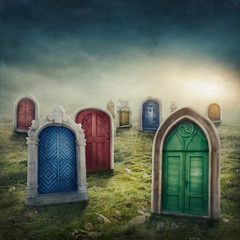 Closed doors in the meadow - obrazy, fototapety, plakaty