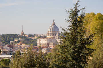 Fototapeta na wymiar St. Peter's basilica in Vatican, Rome (Italy), seen through the autumn trees of Gianicolo (Janiculum) hill in afternoon sun. 