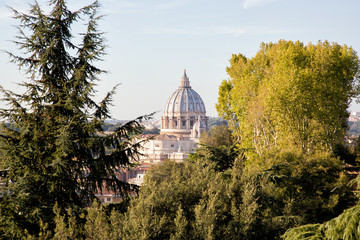 St. Peter's basilica in Vatican, Rome (Italy), seen through the autumn trees of Gianicolo (Janiculum) hill in afternoon sun. 
