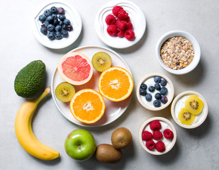 Healthy eating. Composition of fresh fruit with natural yoghurt.