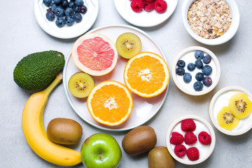 Healthy eating. Composition of fresh fruit with natural yoghurt.