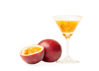 Passion fruit and juice isolated on white background.