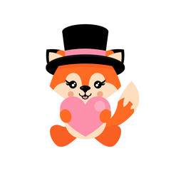 cartoon cute fox with heart and hat sitiing vector