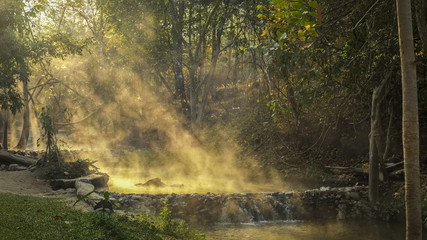 Obraz premium widok rano ciepłej wody płynącej z płynącej wokół z tłem światła lasu i słońca, Tha Pai Hot Spring lub Pong Nam Ron Tha Pai, Pai District, Mae Hong Son, północnej Tajlandii.