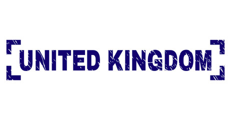 UNITED KINGDOM label seal print with corroded style. Text title is placed inside corners. Blue vector rubber print of UNITED KINGDOM with corroded texture.