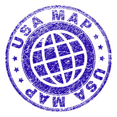 USA MAP stamp imprint with grunge texture. Blue vector rubber seal imprint of USA MAP title with dust texture. Seal has words arranged by circle and globe symbol.