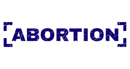 ABORTION tag seal print with grunge texture. Text caption is placed between corners. Blue vector rubber print of ABORTION with scratched texture.