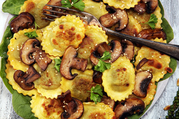 Ravioli with spinach or Pumpkin Tortellini with chard and mushrooms.
