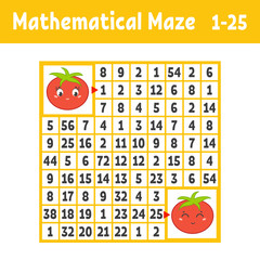 Mathematical colored square maze. Help one tomato get to another. Game for kids. Puzzle for children. The study of numbers. Labyrinth conundrum. Flat vector illustration isolated on white background.