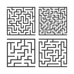 A set of square mazes of various levels of difficulty. Game for kids. Puzzle for children. One entrances, one exit. Labyrinth conundrum. Flat vector illustration isolated on white background.