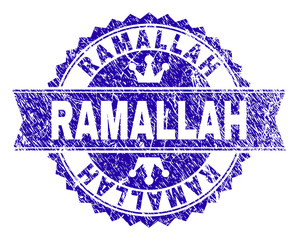 RAMALLAH rosette stamp watermark with grunge effect. Designed with round rosette, ribbon and small crowns. Blue vector rubber watermark of RAMALLAH tag with grunge style.